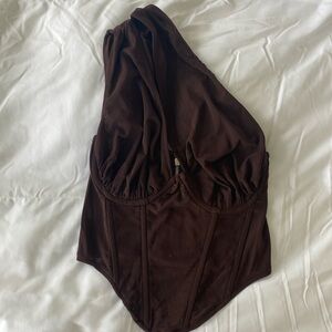 Chocolate mesh. One shoulder corset style cropped top.